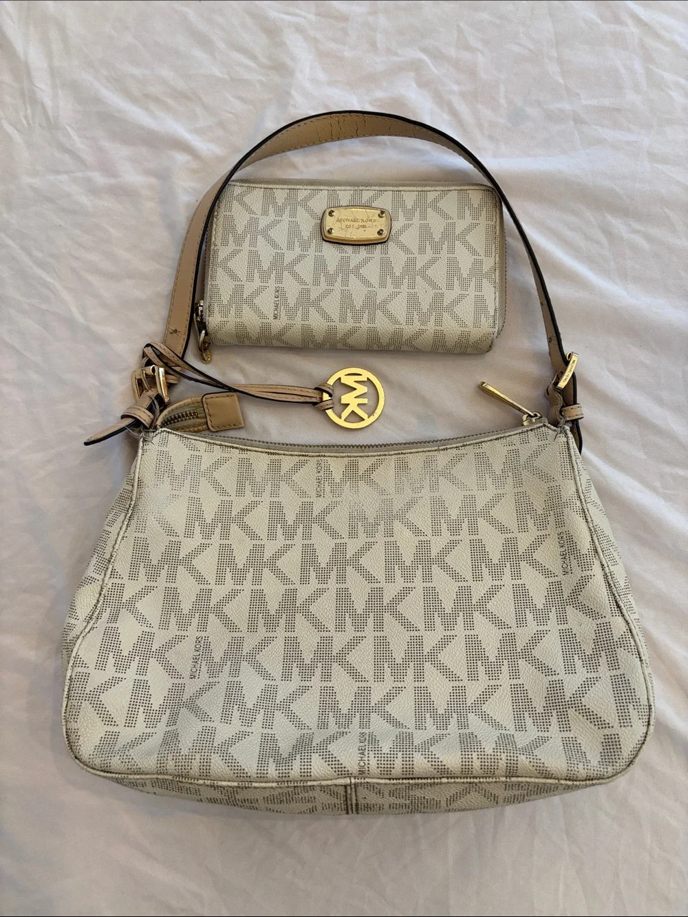 Michael Kors Off-White MK Monogram Shoulder Bag & Matching Zip Wallet Set